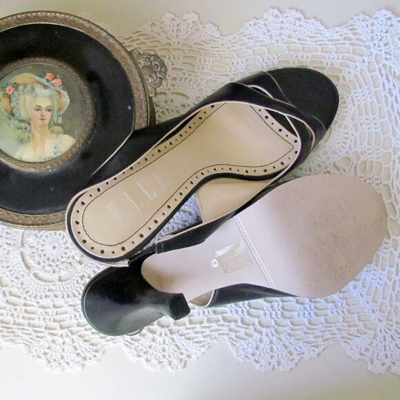 ELLE SHOES, 9, BLACK SLINGBACK PLATFORM HEELS w DAINTY TAN TRIM CLASSIC & LOVELY - Picture 8 of 8